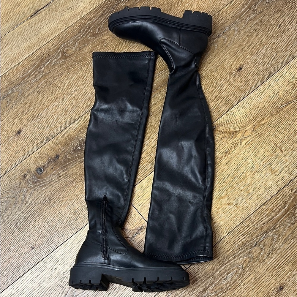 Zara Black Faux Leather OTK Boots Size 35/5